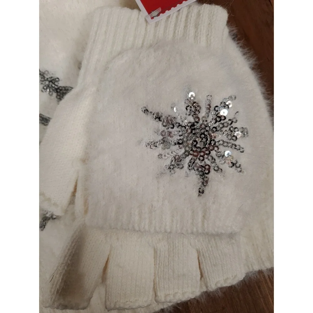 Sequin Snowflake Hat & Gloves Set White Pom Pom Open Finger Texting Women's NEW